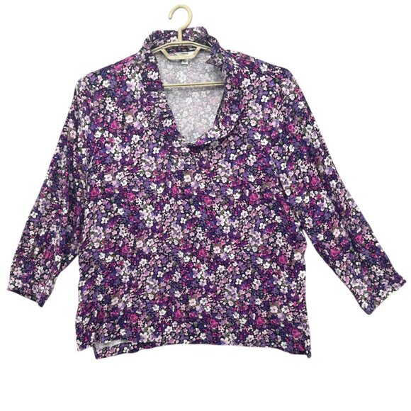 Crown & Ivy Floral Blouse Womens Purple Pink Long Sleeve Ruffle Neck Size XL - Picture 1 of 9